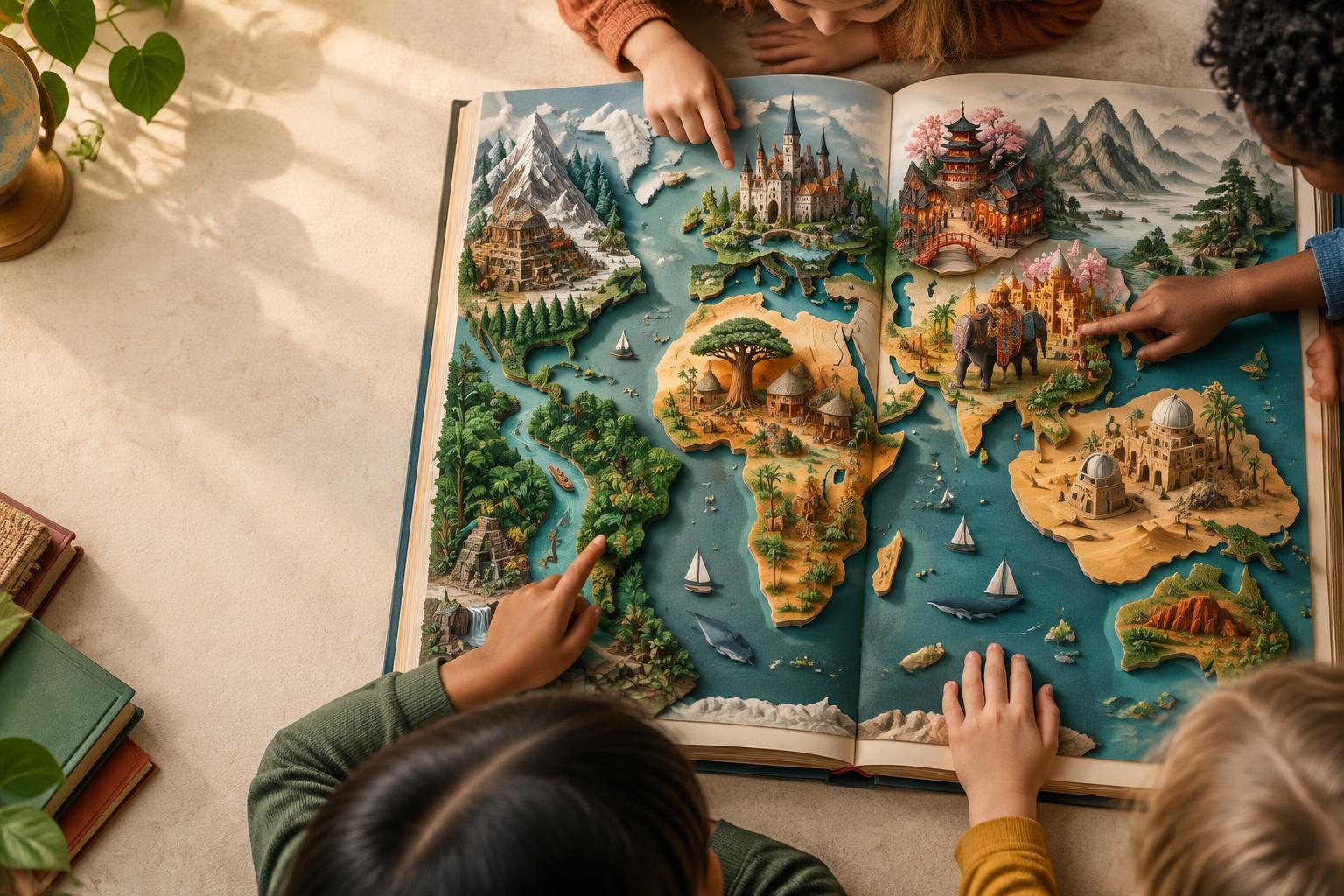 Children exploring a richly illustrated world map inside an open book